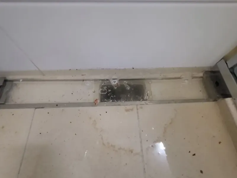 태안 욕실 벽 쪽 긴 배수구 주변에 고인 물